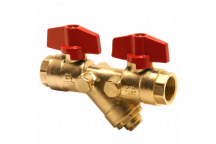 20mm PB560 DZR Brass Double Ball Valve and Strainer Red T-Handle PN20 FxF