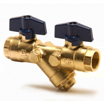 20mm PB560 DZR Brass Double Ball Valve and Strainer Blue T-Handle PN20 FxF