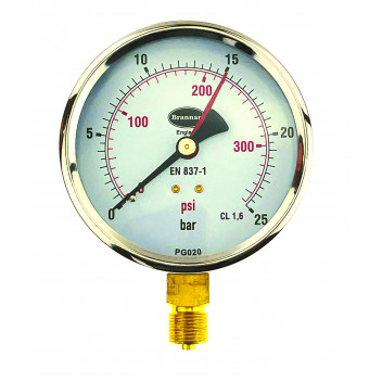 100mm Dial Pressure Gauge 0 - 25 bar and psi Bottom Entry - 34/657/0