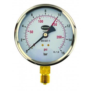 100mm Dial Pressure Gauge 0 - 16 bar and psi Bottom Entry - 34/656/0